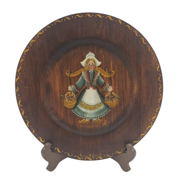 VTG Folk Art Dutch Wooden Decorative Wooden Plate Hand Painted Tole Wall Hanging - Picture 1 of 7